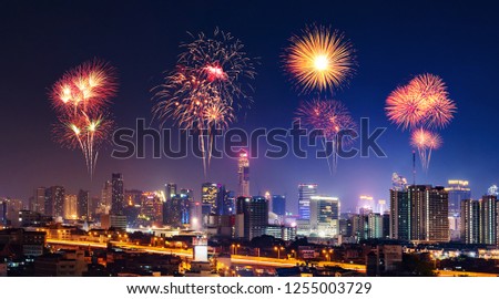 Happy new year firework Sparkle with Bandkok cityscape at night