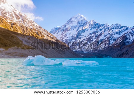 Aoraki Mount Cook and Hooker Lake with glacier ice, New Zealand