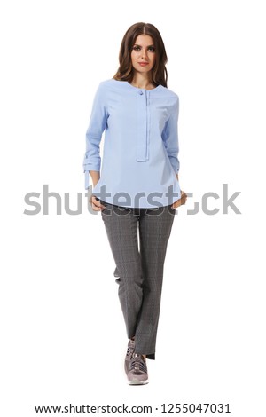 student young woman with model girl in formal long sleeve blue official blouse sneakers shoes full body photo isolated on white