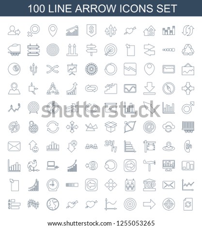 100 arrow icons. Trendy arrow icons white background. Included line icons such as reload, target, forward, graph, heart with arrow, planet, statistic. arrow icon for web and mobile.