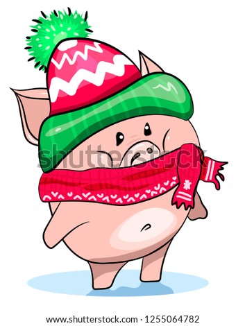The pig is dressed in a hat. Funny cartoon character. Sweet pet Symbol of the new year