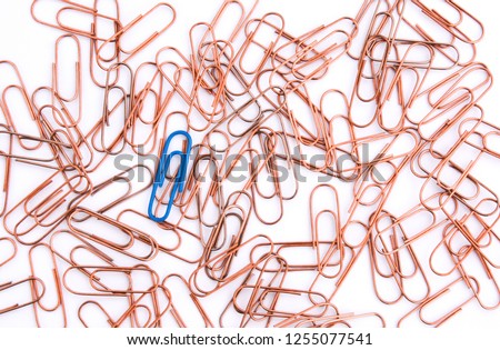 Copper and blue paper clips on a white background