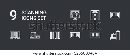 Editable 9 scanning icons for web and mobile. Set of scanning included icons line Scanner, Barcode, Scan, Metal detector, Recognition on dark background