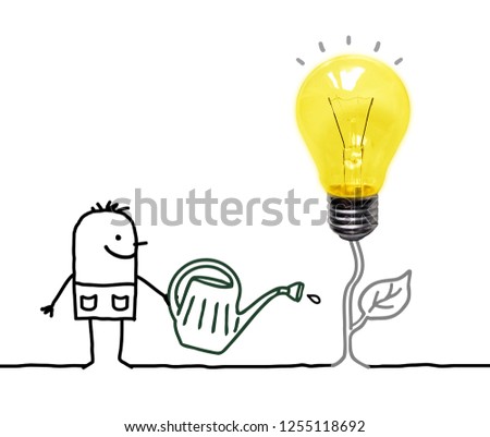 Hand drawn Cartoon gardener Watering a Fresh new Light Bulb
