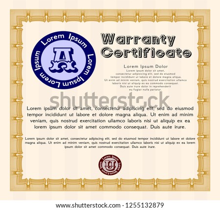 Orange Vintage Warranty Certificate template. With complex background. Beauty design. Vector illustration. 