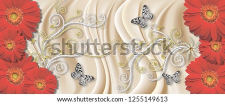 3 D wallpapers on the wall with red  gerbera and butterflies on a light background
