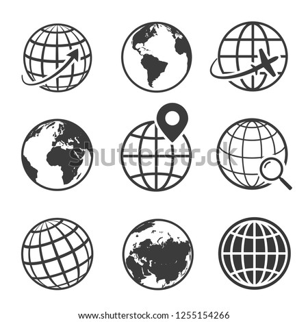 Globe and earth planet black icon set. Spherical rounded object. Vector line art illustration isolated on white background Royalty-Free Stock Photo #1255154266