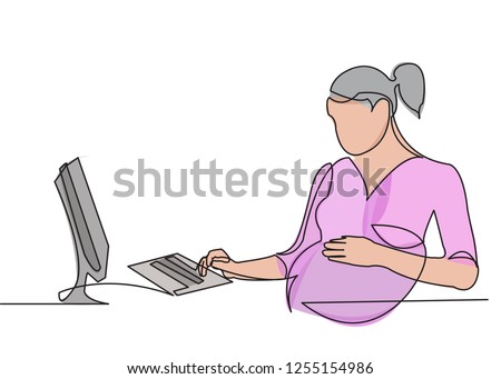 one line continuous painted pregnant business woman painted by hand silhouette picture. Line art character woman on the robot pregnant at the computer color illustration of the character of a pregnant