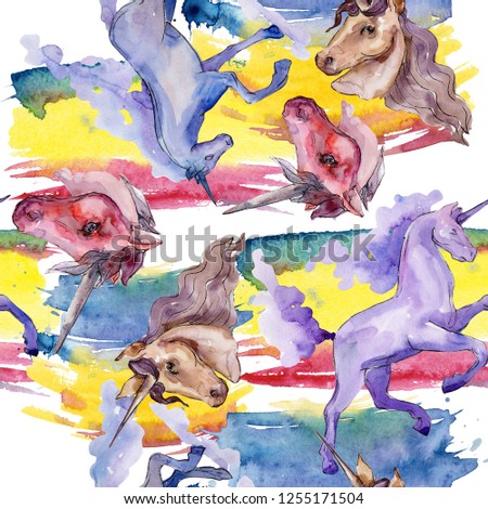 Cute unicorn horse. Fairytale children sweet dream. Watercolor background illustration set. Watercolour drawing fashion aquarelle isolated. Seamless background pattern. Fabric wallpaper print texture.