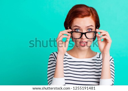 Oop! Something went wrong! Close up picture of serious cute with short length hair style lovely thoughtful she her person touching specs looking at camera wearing sweater isolated teal background