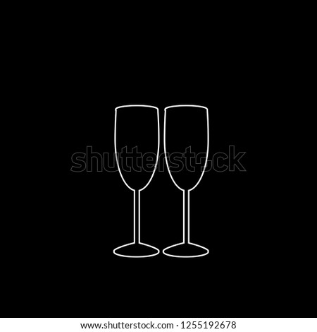 White outline silhouette of couple champagne or wine glasses on black background. Cheers icon. Fragile or packaging glass symbol, sign, clipart. Monochrome vector illustration of two champaign glasses