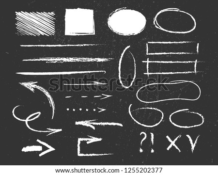	
Chalk graphic elements collection - arrows, frames, lines, rectangles, oval and round shapes. Chalk forms on black board. Vector illustration Royalty-Free Stock Photo #1255202377