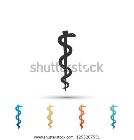 Rod of asclepius snake coiled up silhouette icon on white background. Medicine and health care concept. Emblem for drugstore or medicine, pharmacy snake symbol. Flat design