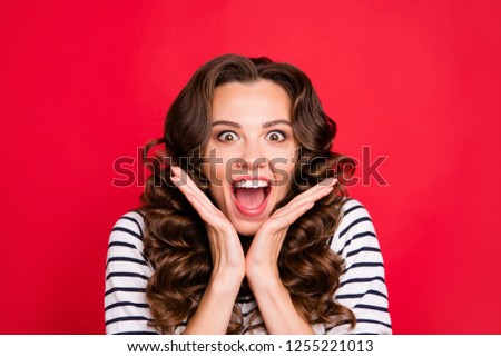 Close up portrait of pretty cheerful yelling with voice she her girl hurrying to store mall to buy clothes black friday wave hair on shoulders white striped pullover isolated on red vivid background