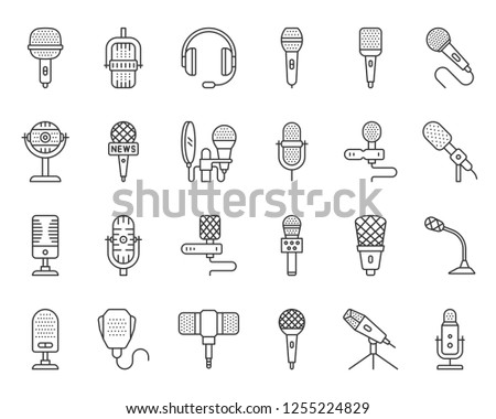 Microphone thin line icon set. Outline web sign kit of mic. Journalist Interview linear icons of music band, voice record, broadcast. Simple mike black symbol isolated on white. Vector Illustration