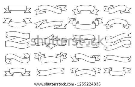 Ribbon thin line icon set. Outline sign kit of text banner. Decorative Tape linear icons of vintage flag, graphic sale badge. Simple ribbon black contour symbol isolated on white. Vector Illustration Royalty-Free Stock Photo #1255224835