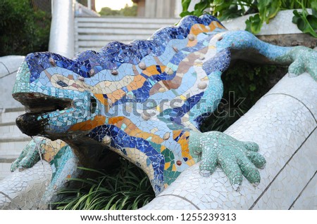 Salamander with mosaic in Parc Guell Barcelona Spain.