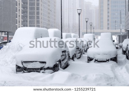 Many cars parked in the business district of the city during a snow storm.
