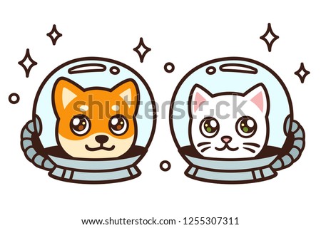 Cute cartoon space cat and dog drawing. Kawaii anime style puppy and kitty in astronaut helmets, isolated vector illustration.