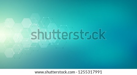 Molecular structures and hexagons elements. Abstract geometric background with molecules and communication. Hexagons pattern for medical or scientific and technological design