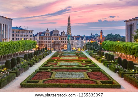 Brussels City Hall and Mont des Arts area at sunset in Brussels, Belgium Royalty-Free Stock Photo #1255335097