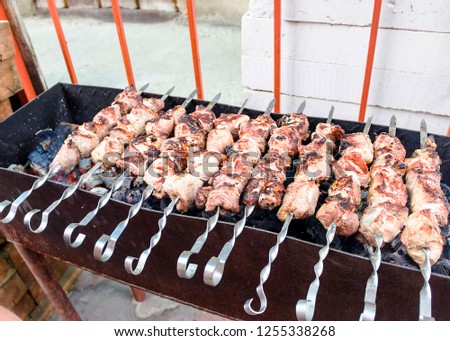 pictured in the photo pieces of meat on skewers fried on the grill