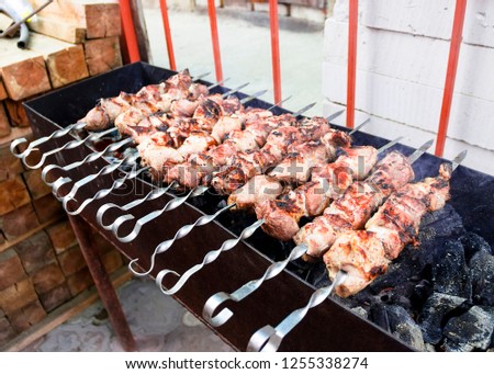 pictured in the photo pieces of meat on skewers fried on the grill