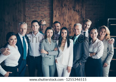 Portrait of nice cheerful elegant classy stylish trendy professional diverse business people sharks gathering international company founders at workplace station wood loft interior Royalty-Free Stock Photo #1255346515