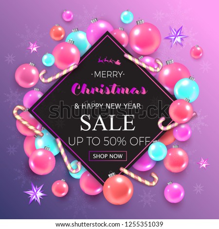 Merry Christmas sale banner with christmas pink bubbles and stars on purple background. Vector illustration template greeting cards