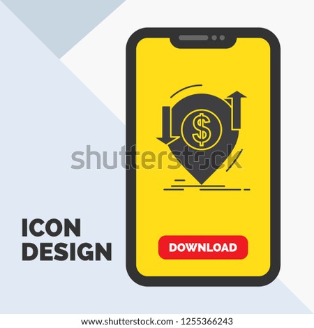 transaction, financial, money, finance, transfer Glyph Icon in Mobile for Download Page. Yellow Background