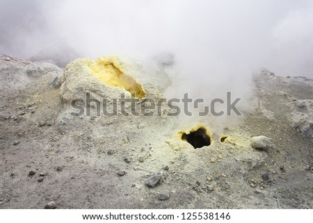 Volcanic vents with smoke, sulfur and ash on Kamchatka.