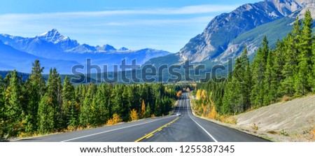 The road 93 beautiful "Icefield Parkway" in Autumn Jasper National park,Canada Royalty-Free Stock Photo #1255387345