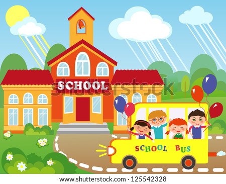 Illustration of cartoon school building. Children are going to school by bus.