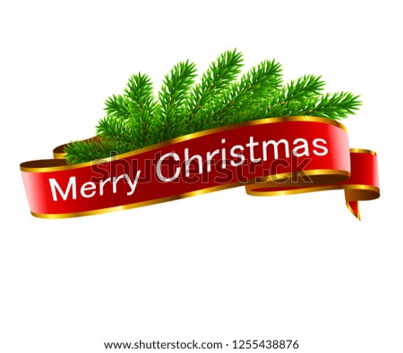 Illustration Christmas holiday decorations with red ribbon on white background. 