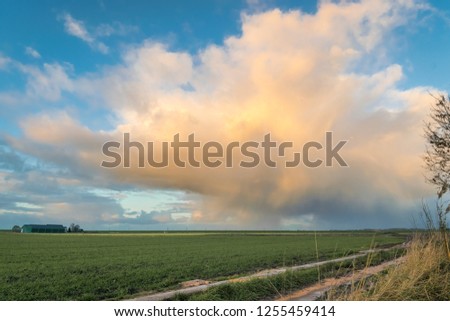 Wintry shower over the dutch countryside between the cities of Gouda and Leiden, Netherlands