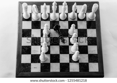 chess king and queen stand on a chessboard after victory. Top view.
