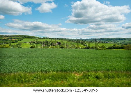Rural Gloucestershire Cotswolds spring landscape near Painswick Beacon, England, UK