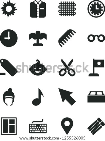 Solid Black Vector Icon Set - scissors vector, clock face, keyboard, remove label, comb, funny hairdo, winter hat, window, building block, wall, folded shirt, weaving, location, note, cursor, sun