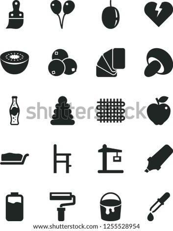 Solid Black Vector Icon Set - paint roller vector, stacking rings, a chair for feeding, colored air balloons, bucket, sample of colour, plastic brush, broken heart, porcini, cake slice, bottle soda