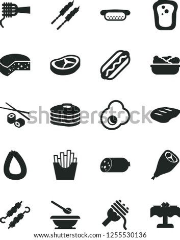 Solid Black Vector Icon Set - plates and spoons vector, sausage, stick of, cheese, Hot Dog, mini, spaghetti, noodles, lettuce in a plate, grill chicken leg, bacon, chop, barbecue, meat on skewers