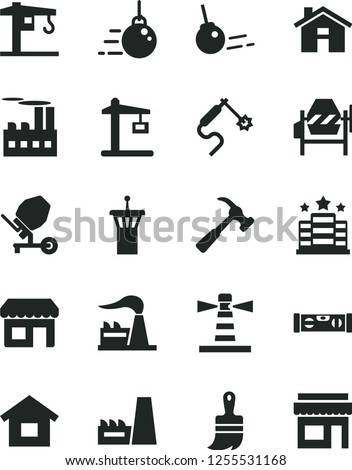 Solid Black Vector Icon Set - house vector, crane, dwelling, big core, concrete mixer, wooden paint brush, building level, hammer with claw, factory, industrial, thermal power plant, Construction
