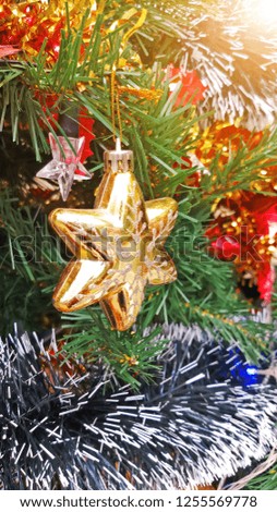 Close up Christmas tree decorations and New Year background, Winter holiday decoration, selective focus