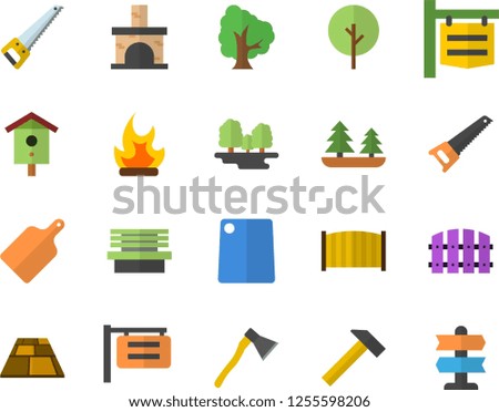 Color flat icon set saw flat vector, fence, flooring, ax, hammer, cutting board, nesting box, tree, bonfire, bench, fireplace, forest, signboard, pointer fector
