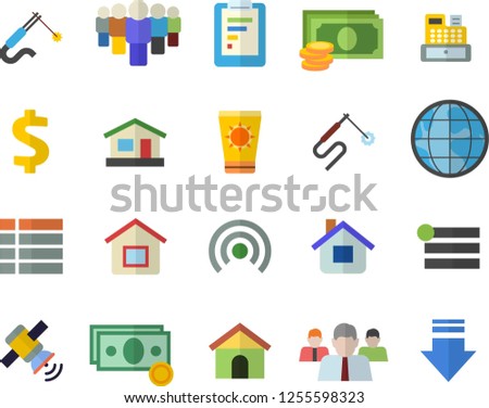 Color flat icon set house flat vector, welding, earth, graphic report, cash, dollar, team, machine, satellit, sun protection cream fector, menu, broadcast, download