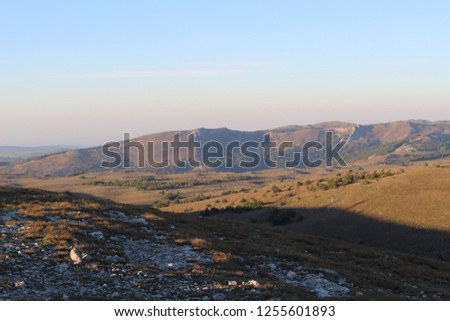 Beautiful landscape with a sunset view from the mountain Demerdzhi near the city of Alushta, Crimea, Russia. Atmospheric and fresh landscape