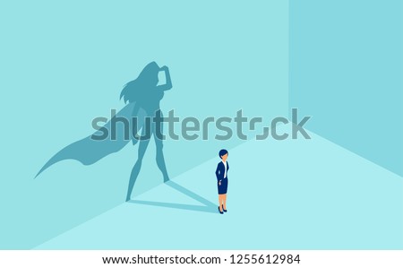 Vector of a businesswoman with superhero shadow. Symbol of ambition motivation leadership and challenge. Royalty-Free Stock Photo #1255612984