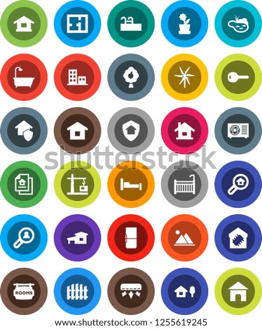 White Solid Icon Set- house vector, cottage, chalet, pond, pool, windmill, fruit tree, mountain, fence, plan, estate document, rooms signboard, apartments, search, client, key, crib, bath, fridge