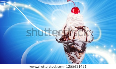Delicious ice cream dessert with whipped cream and cherry