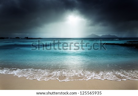 dark sky on the beach of la Digue island, Seychelles