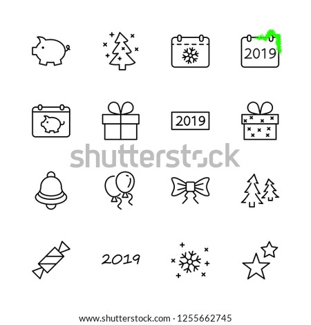 Happy New Year Pigs. Set vector line icon. Contains such Icons as Pig, Christmas Tree, Calendar 2019, Bow, Balloons, Bell, Candy, Gift Box, Stars, Snowflake. Editable Stroke. 32x32 Pixel Perfect.
